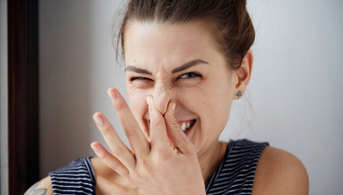 Female gesture smells bad. Headshot woman pinches nose