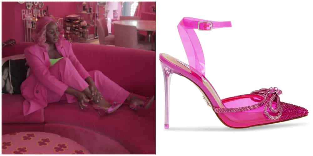 DJ Cuppy styles her N78k steve Madden Rhinestones shoes in Boss Chic Pink look