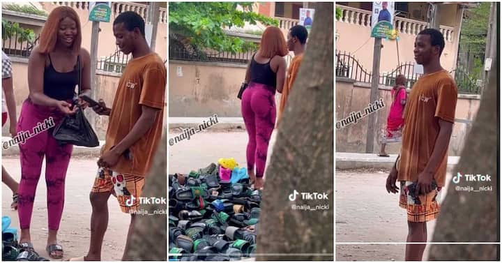 Slippers seller allows lady to walk away with a pair after she promised to invite him home as payment (Video)