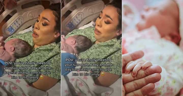 Surrogate mum in tears as baby's family arrives to carry their newborn (Video)