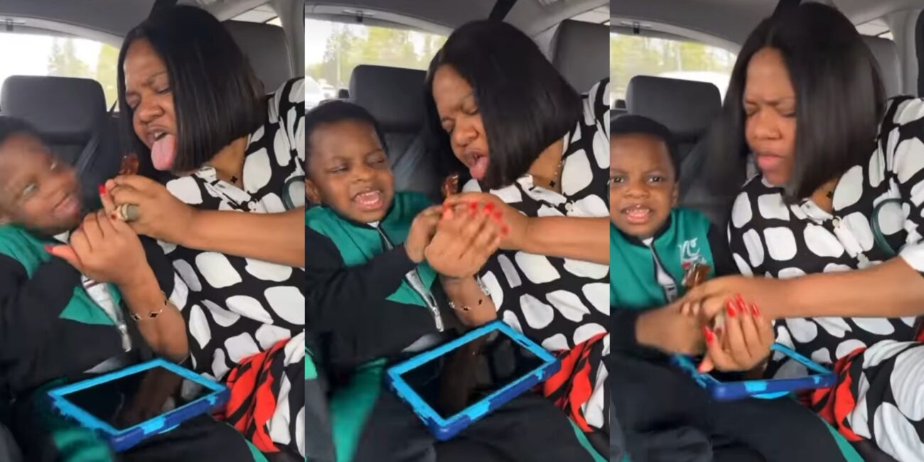 Drama as Toyin Abraham and son fight over sweet (Video)