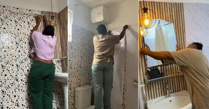 "I don't like tiles in bathroom" - Rich Nigerian lady uses wallpaper to design rented apartment (Video)