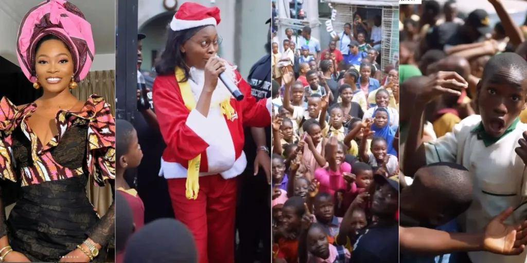 KieKie dresses like Father Christmas as she storms Lagos street to celebrate love with kids and mothers, shares gifts (Video)
