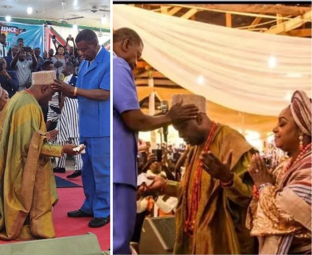 Nigerians react to photos of the Soun of Ogbomosho kneeling before Pastor Adeboye for prayers