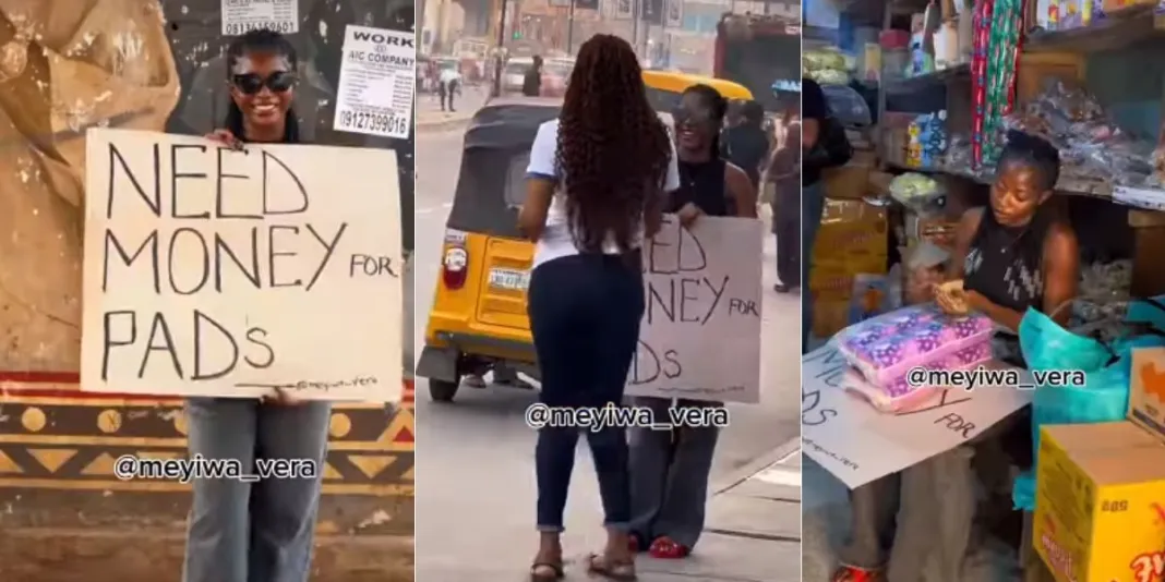 Lady begs for money to buy pads on street, counts wads of cash (Video)