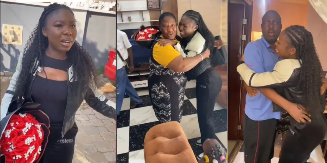 Watch the emotional moment Nigerian lady returns home to surprise parents after 9 years abroad