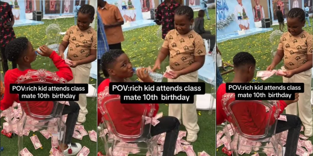 Rich kid steals show as he makes money rain on classmate’s 10th birthday (Video)