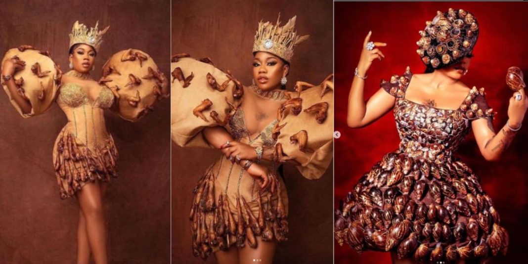 Toyin Lawani rocks dresses made from fried chickens and snails