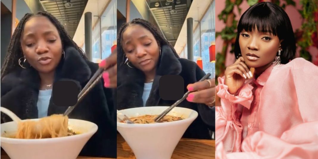 “I came for food, not to suffer” – Simi reacts as she struggles while using chopsticks to eat (Video)