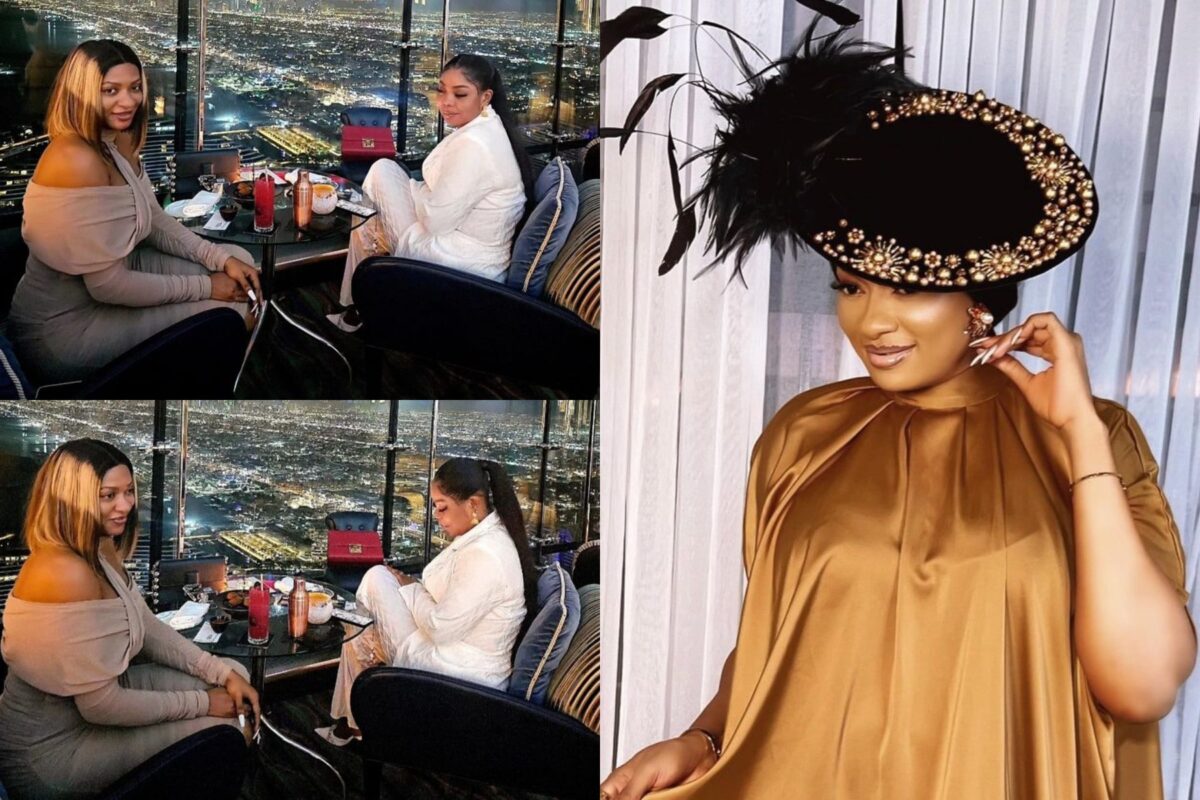 Netizens react as May Edochie takes dinner in the sky in Dubai (Photos)