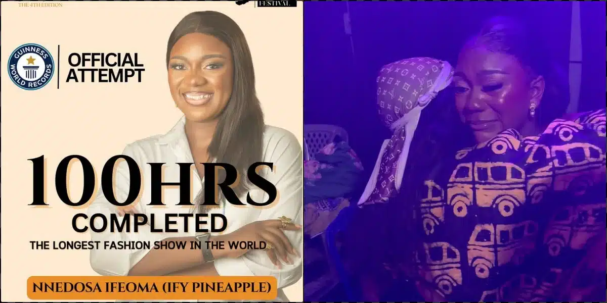 Fashion designer, Ify Pineapple cries as she breaks GWR for longest fashion show