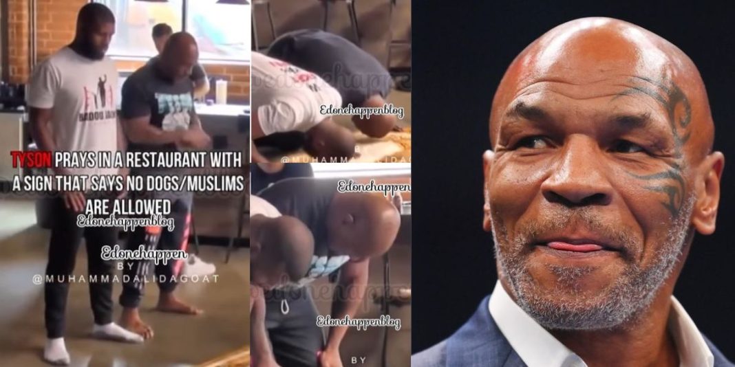 Mike Tyson and two other boxers observe prayer in front of restaurant that says “No dogs or Muslims allowed” (Video)